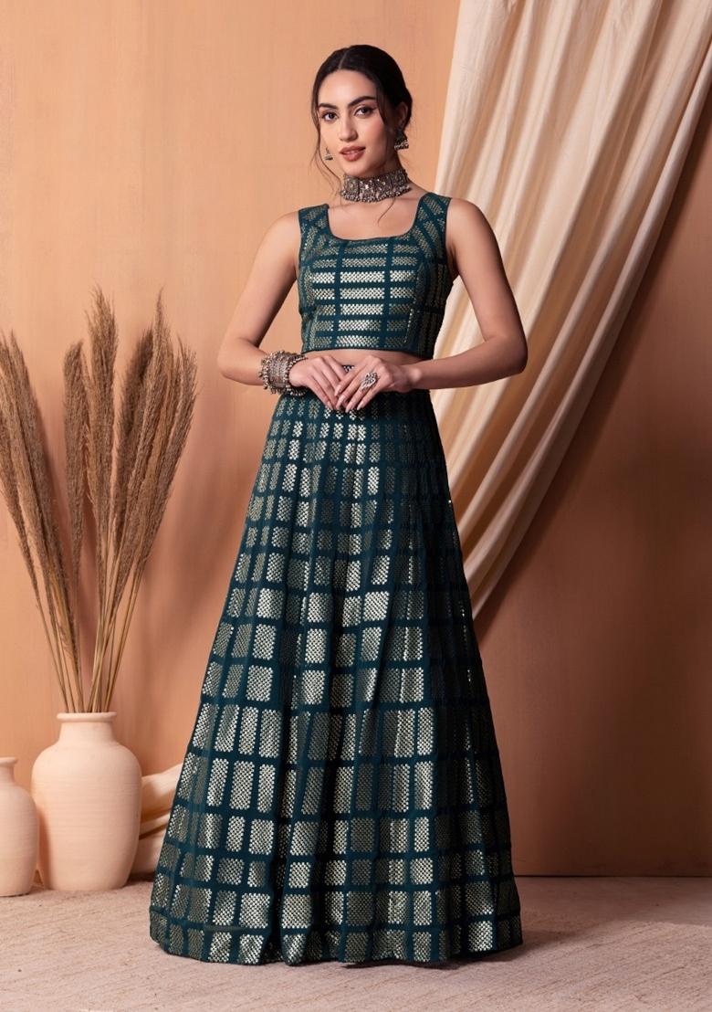 Teal Blue Embroidered Georgette Lehenga Set - Indya