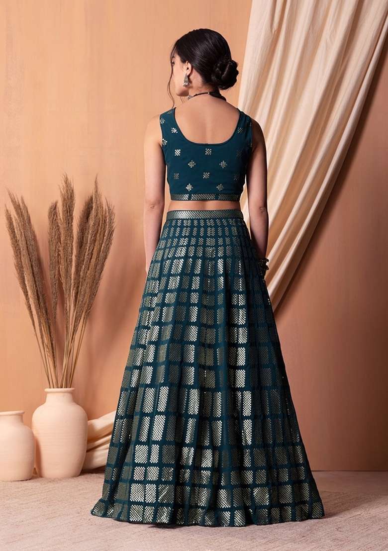 Teal Blue Georgette Lehenga Set with Embroidered for Diwali | Wedding & Festive Wear - Indya