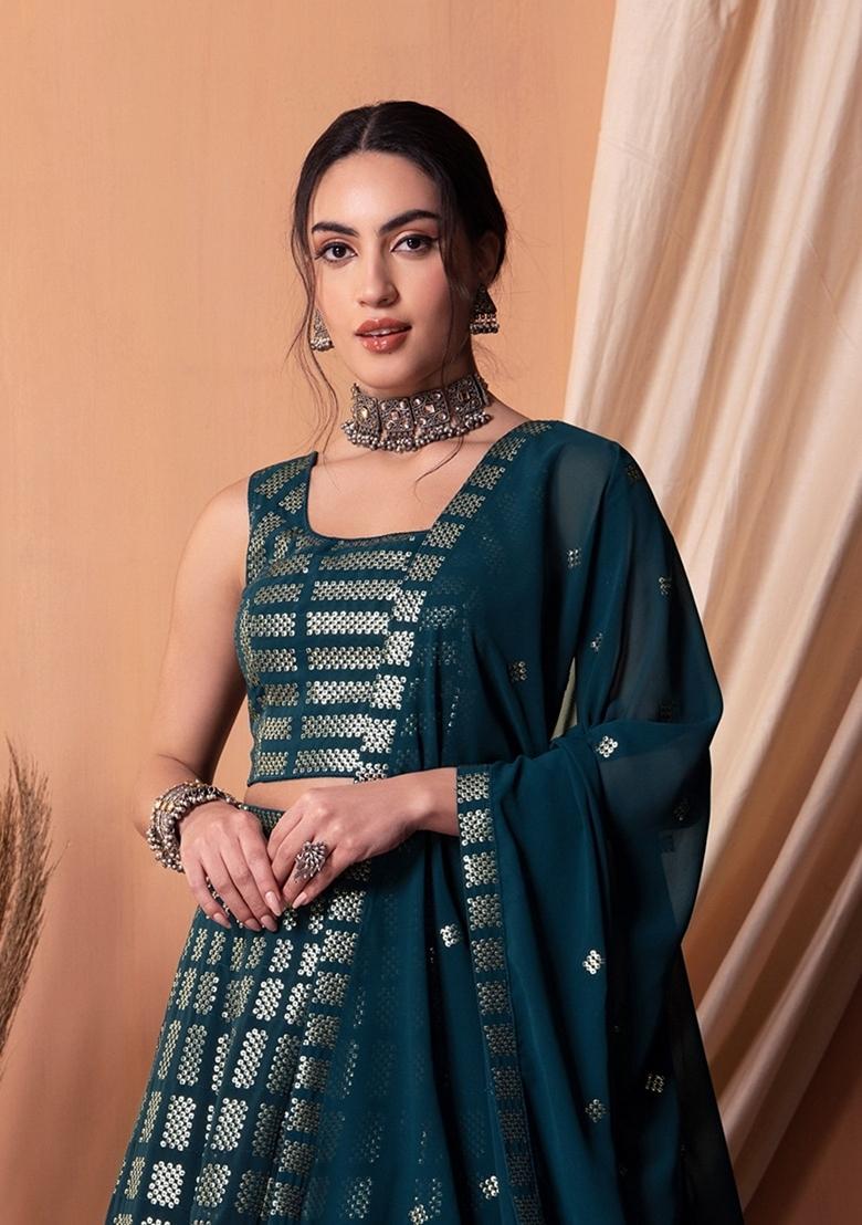 Teal Blue Embroidered Georgette Lehenga Set - Indya