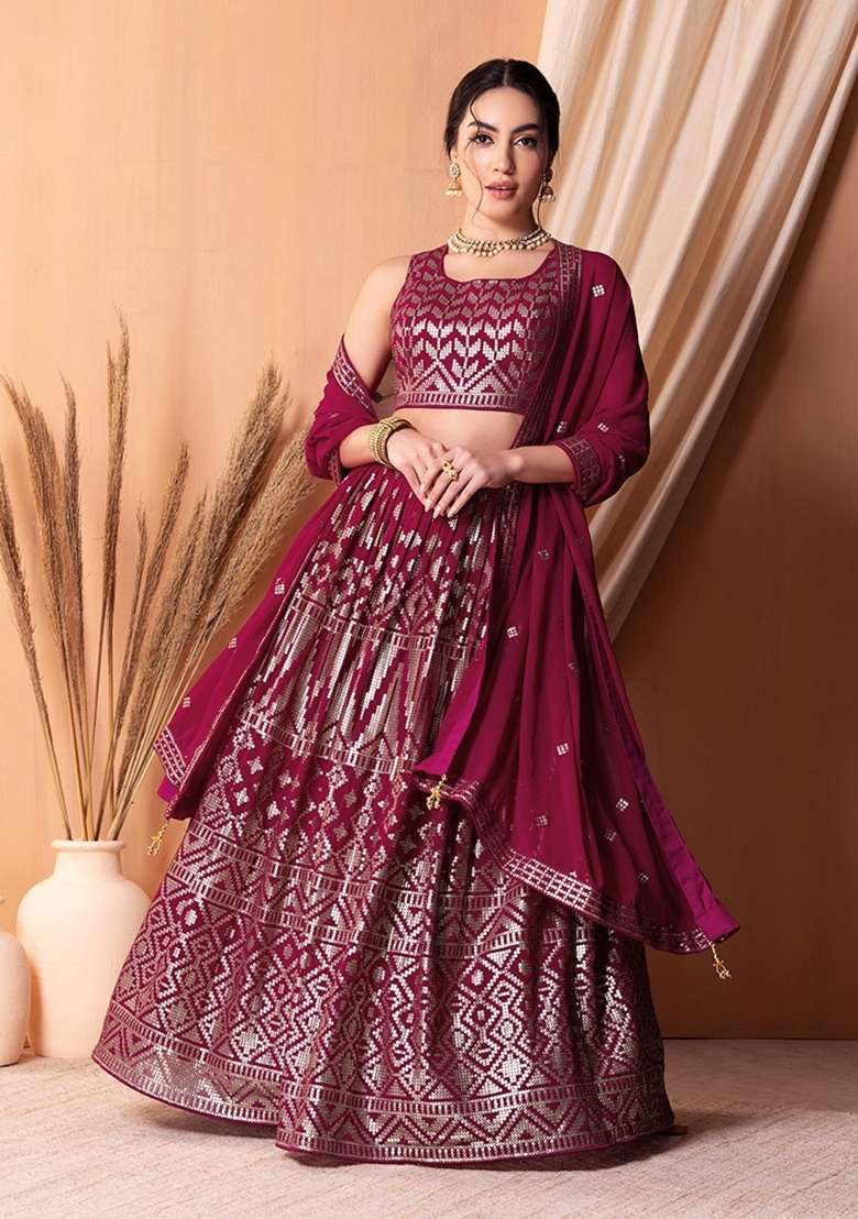 Rani Pink Georgette Lehenga Set with Embroidered for Diwali | Wedding & Festive Wear - Indya