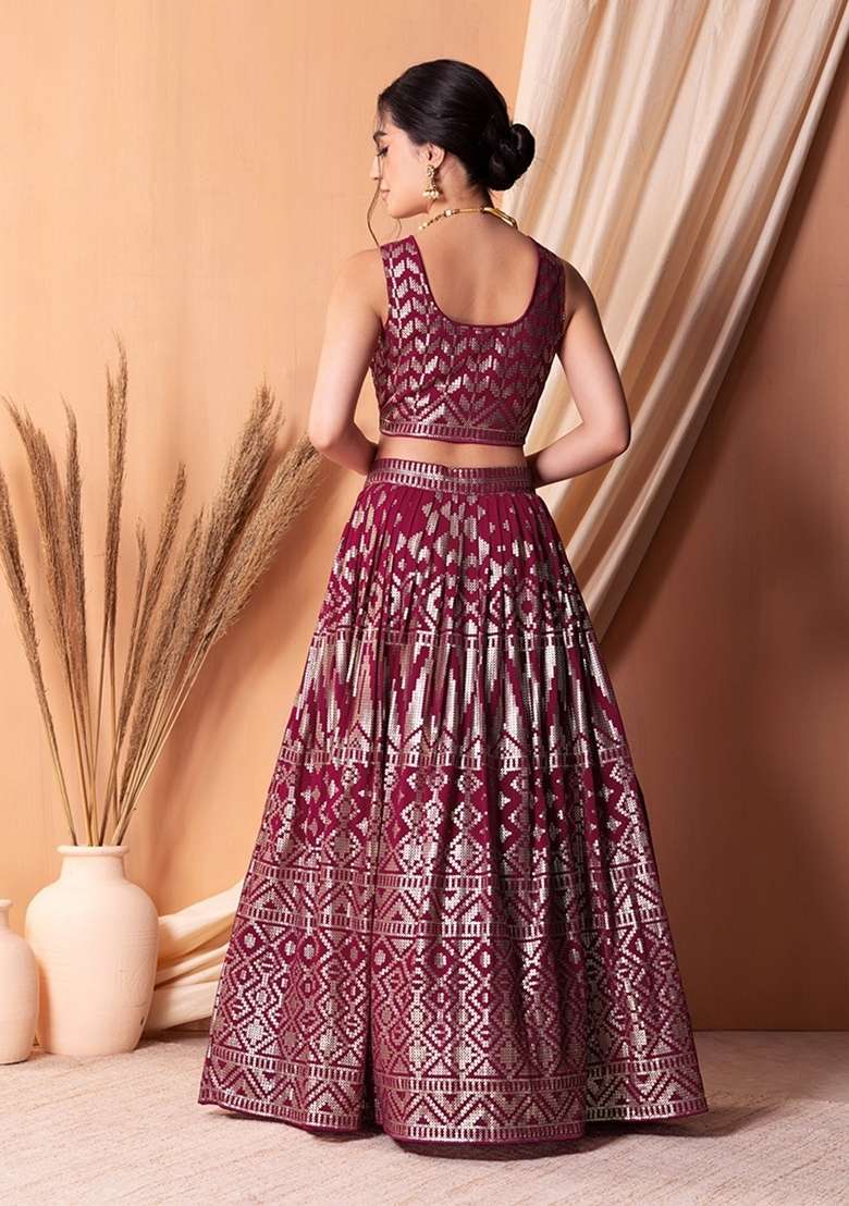 Rani Pink Georgette Lehenga Set with Embroidered for Diwali | Wedding & Festive Wear - Indya