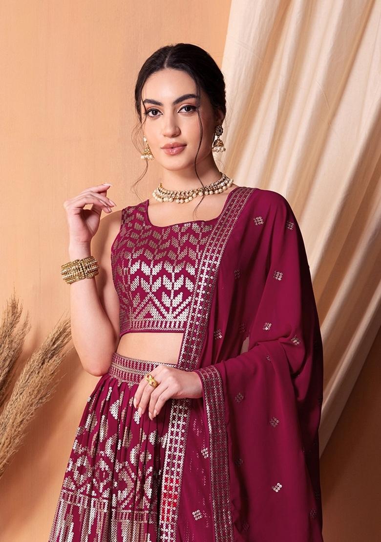 Rani Pink Embroidered Georgette Lehenga Set - Indya