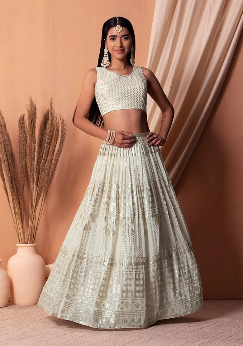 White Embroidered Georgette Lehenga Set - Indya