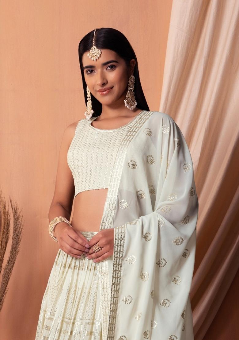 White Embroidered Georgette Lehenga Set - Indya
