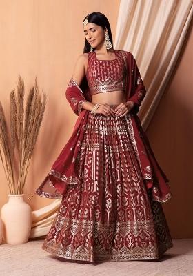 Maroon Embroidered Georgette Lehenga Set