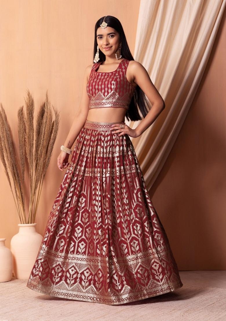 Maroon Embroidered Georgette Lehenga Set - Indya