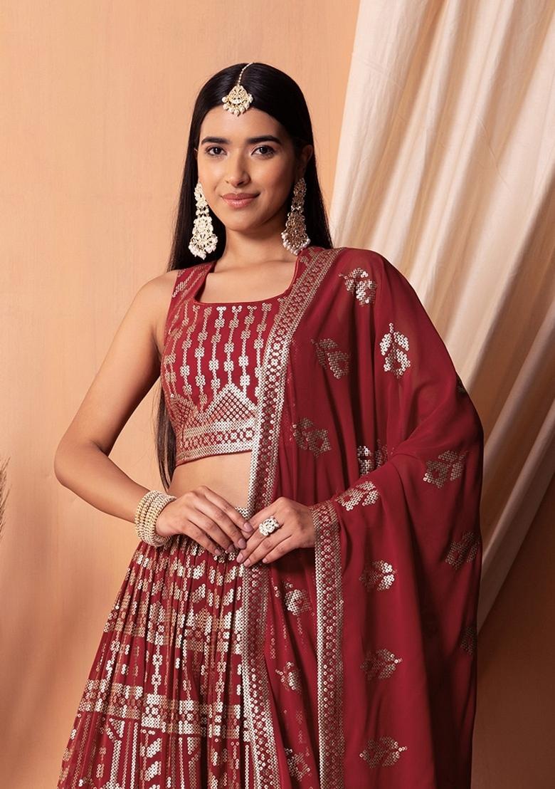 Maroon Embroidered Georgette Lehenga Set - Indya