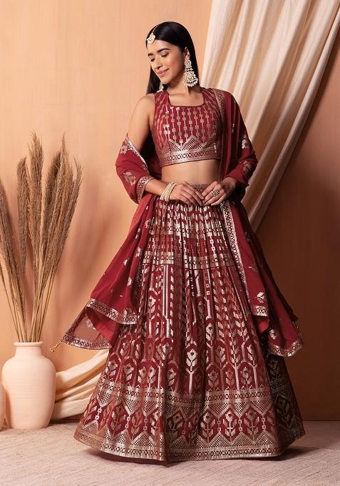 Maroon Embroidered Georgette Lehenga Set