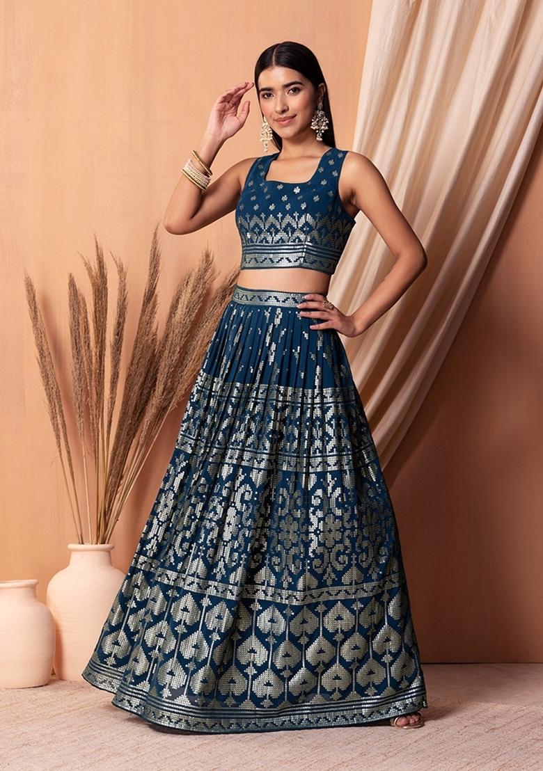 Blue Embroidered Georgette Lehenga Set - Indya