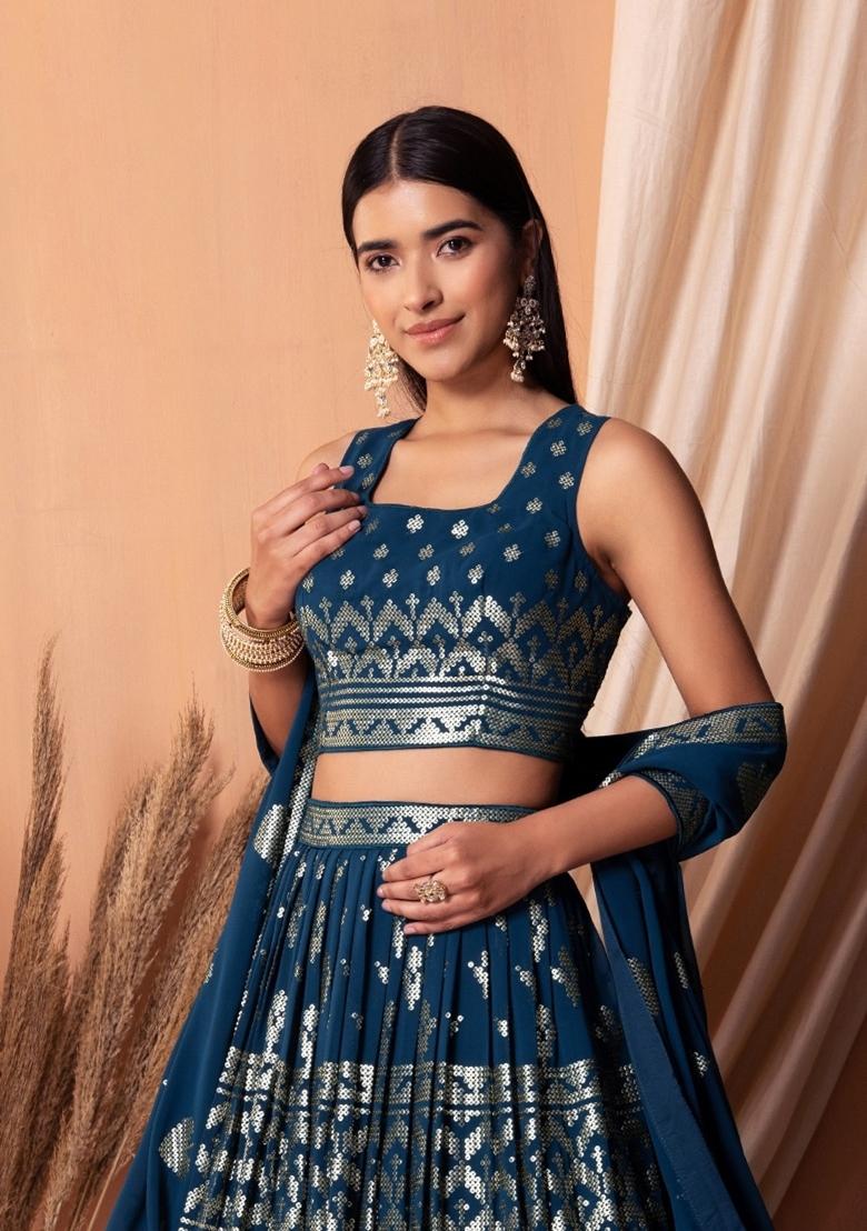 Blue Embroidered Georgette Lehenga Set - Indya