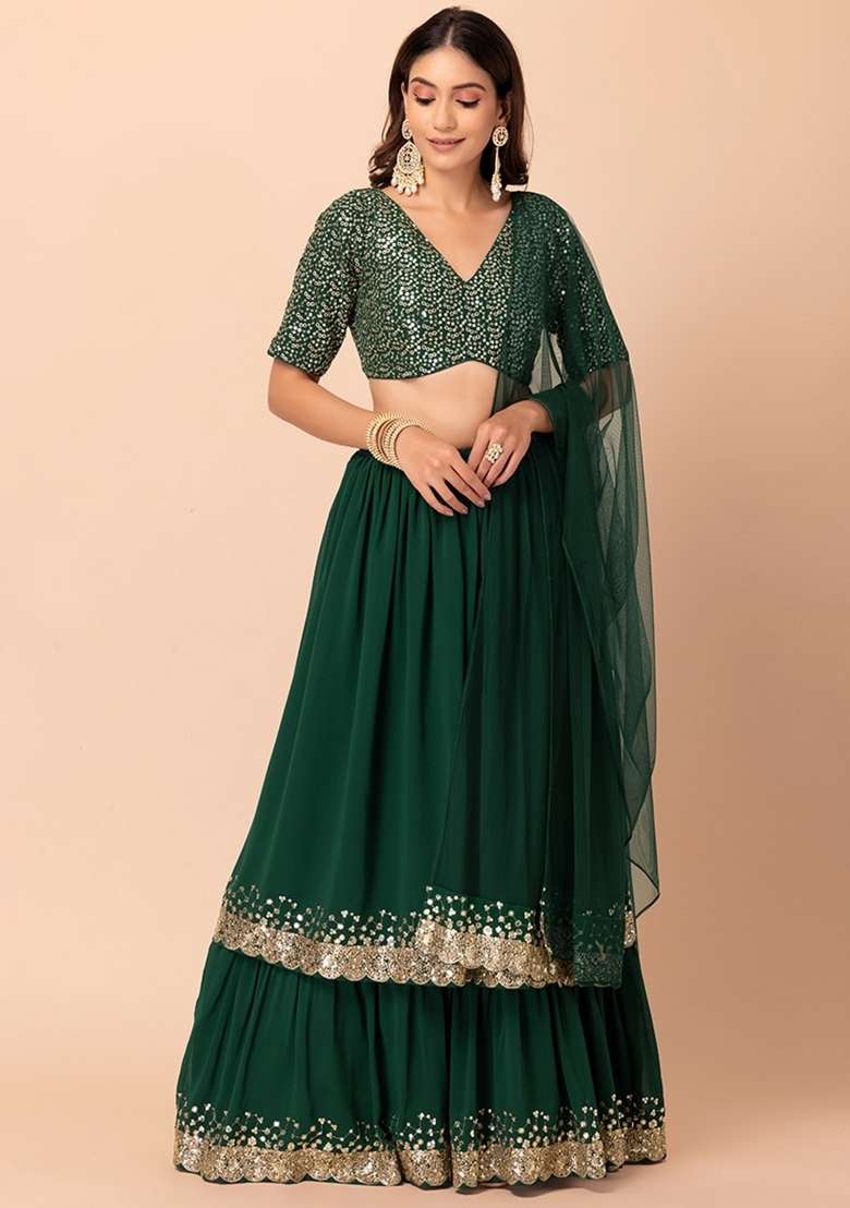 Green Embroidered Georgette Lehenga Set for Diwali and Festive Wear - Indya