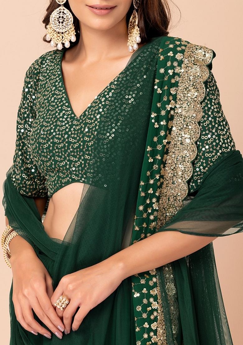 Green Embroidered Georgette Lehenga Set - Indya