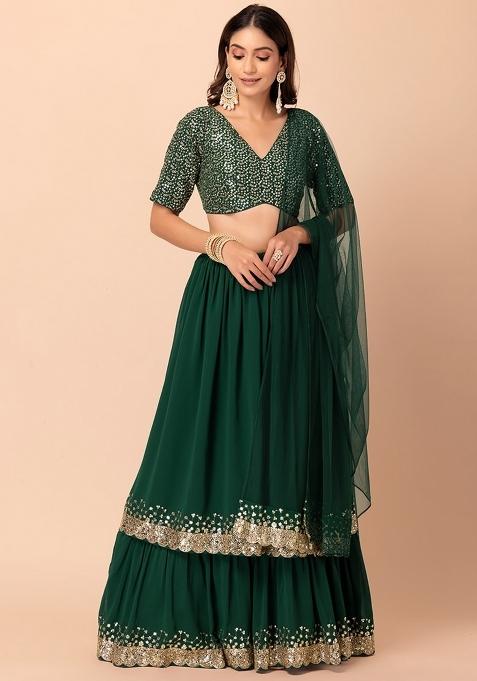 Green Embroidered Georgette Lehenga Set
