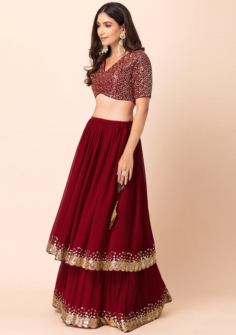 Red Embroidered Georgette Lehenga Set - Indya
