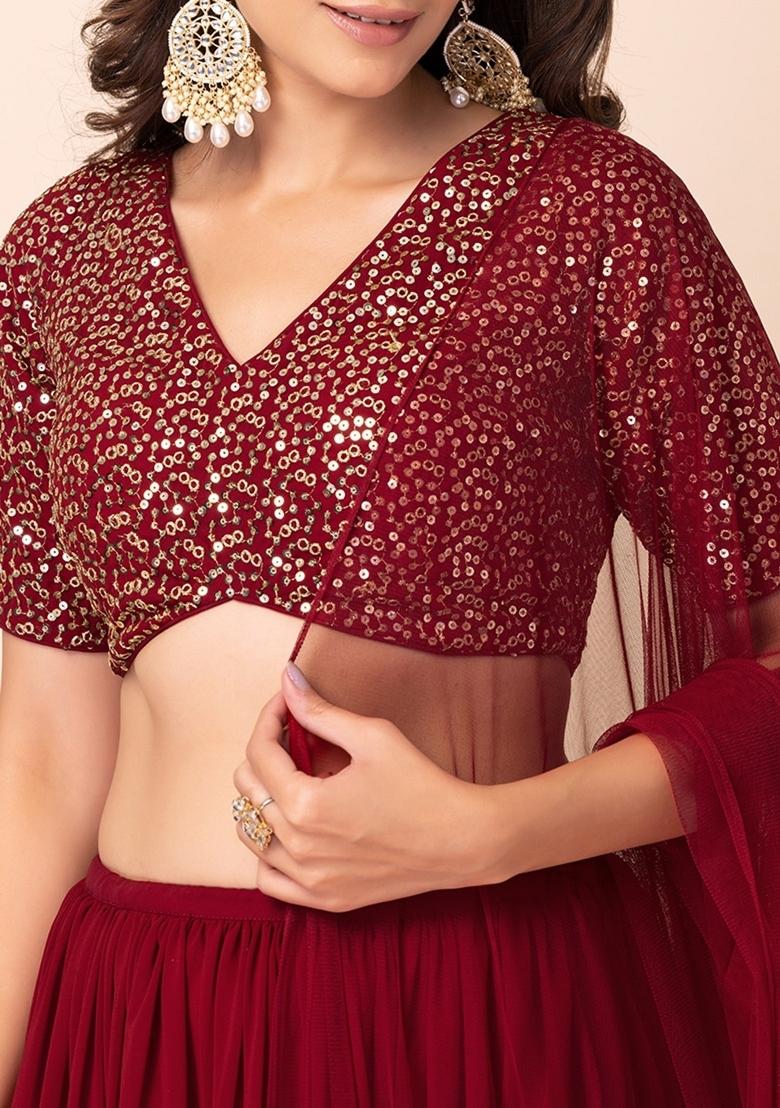 Red Embroidered Georgette Lehenga Set - Indya