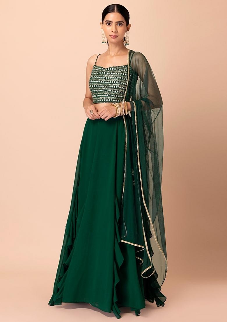 Green Embroidered Georgette Lehenga Set - Indya
