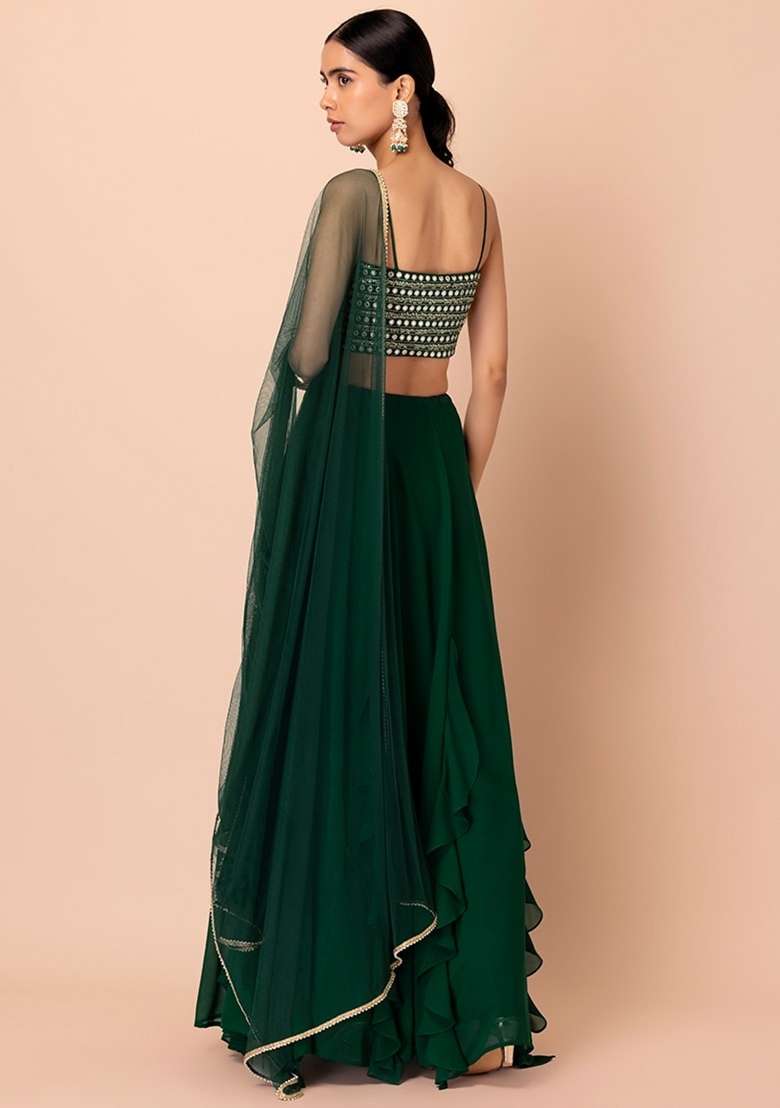 Green Embroidered Georgette Lehenga Set for Diwali and Festive Wear - Indya