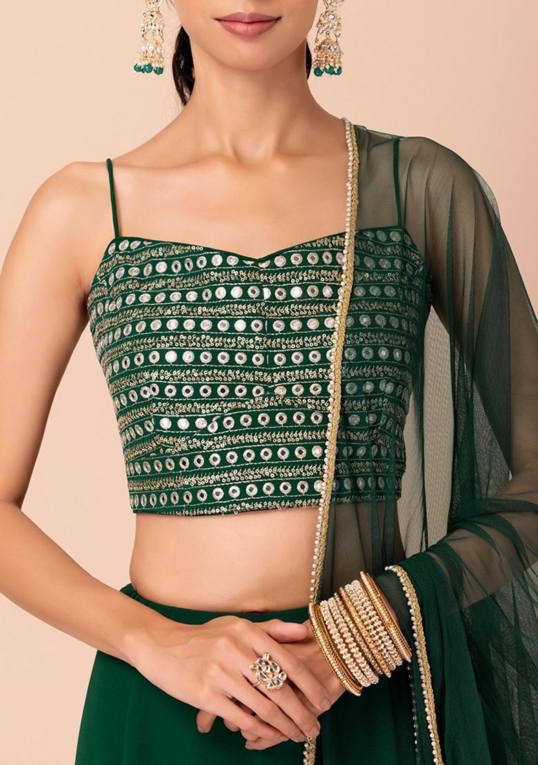 Green Embroidered Georgette Lehenga Set - Indya