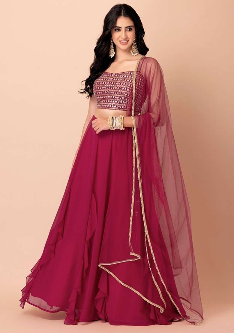 Pink Embroidered Georgette Lehenga Set for Diwali and Festive Wear - Indya