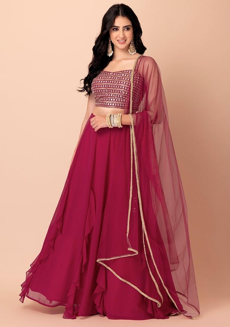 Pink Embroidered Georgette Lehenga Set - Indya
