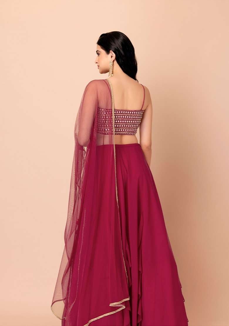 Pink Embroidered Georgette Lehenga Set for Diwali and Festive Wear - Indya