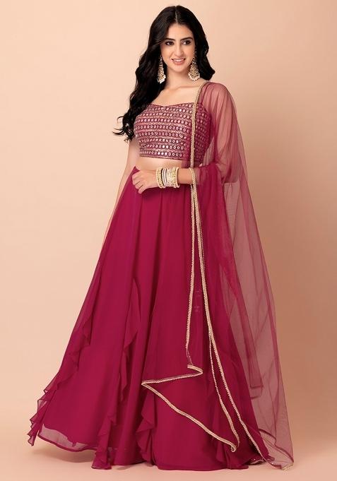 Pink Embroidered Georgette Lehenga Set
