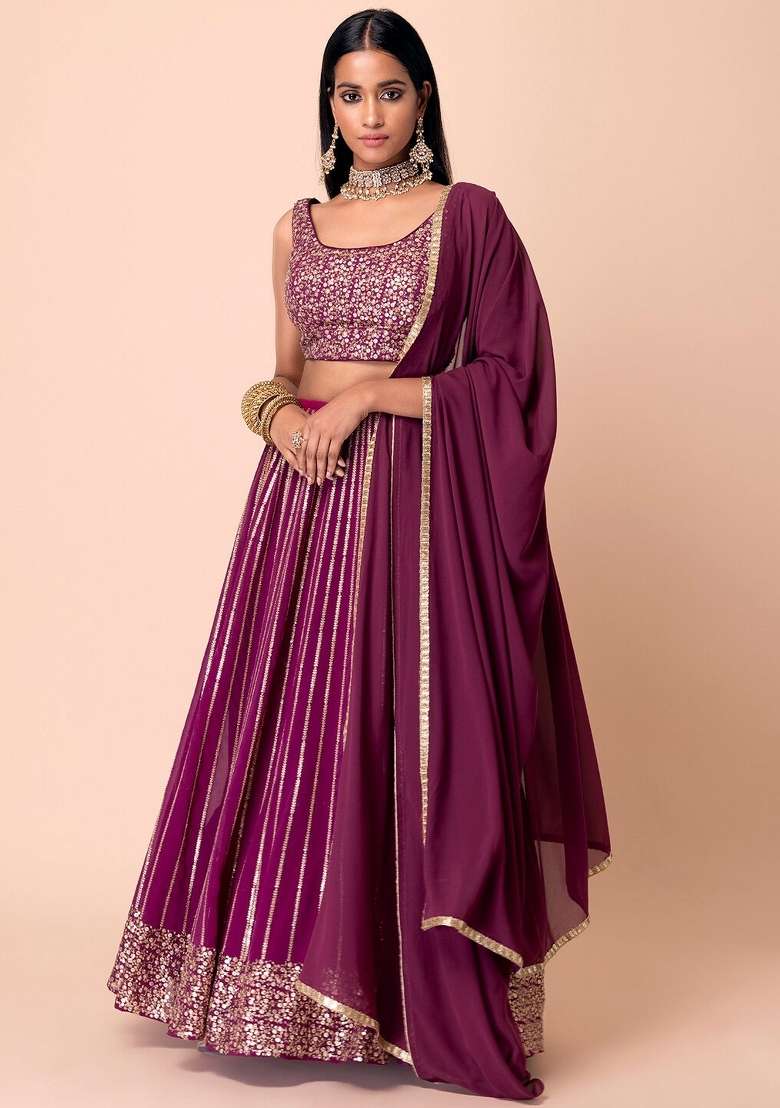 Wine Embroidered Georgette Lehenga Set for Diwali and Festive Wear - Indya