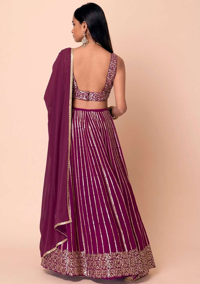 Wine Embroidered Georgette Lehenga Set for Diwali and Festive Wear - Indya