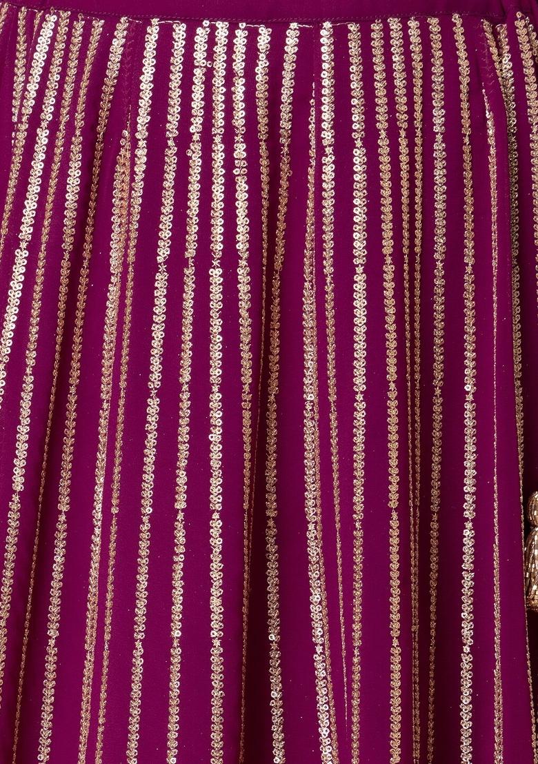 Wine Embroidered Georgette Lehenga Set - Indya