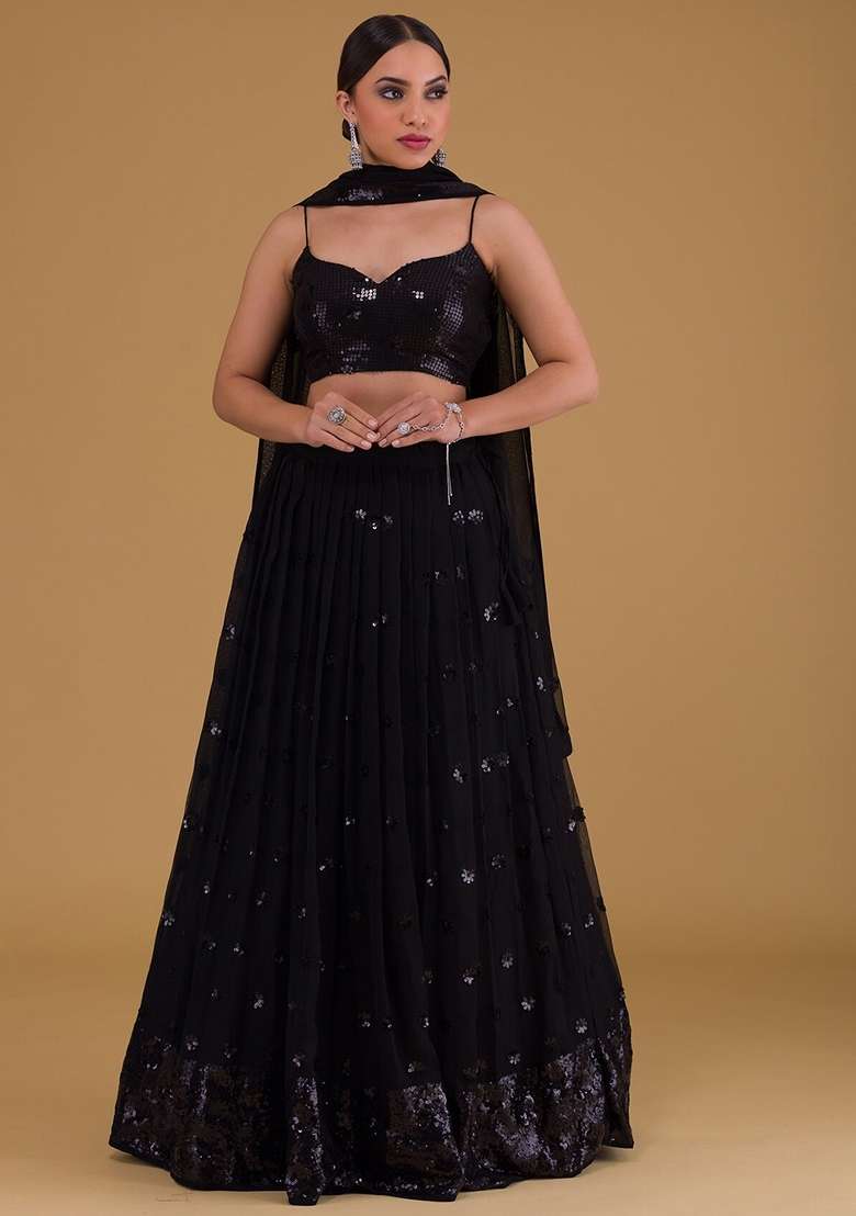 Black Embroidered Georgette Lehenga Set for Diwali and Festive Wear - Indya