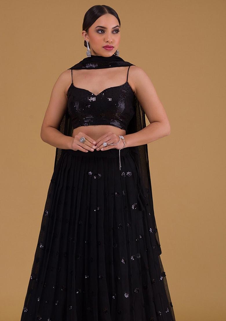 Black Embroidered Georgette Lehenga Set - Indya