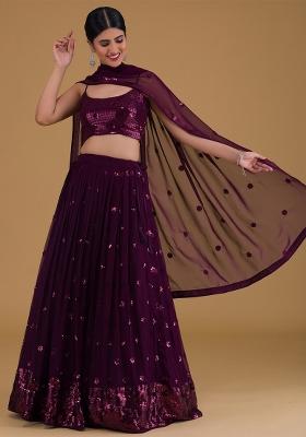 Purple Embroidered Georgette Lehenga Set