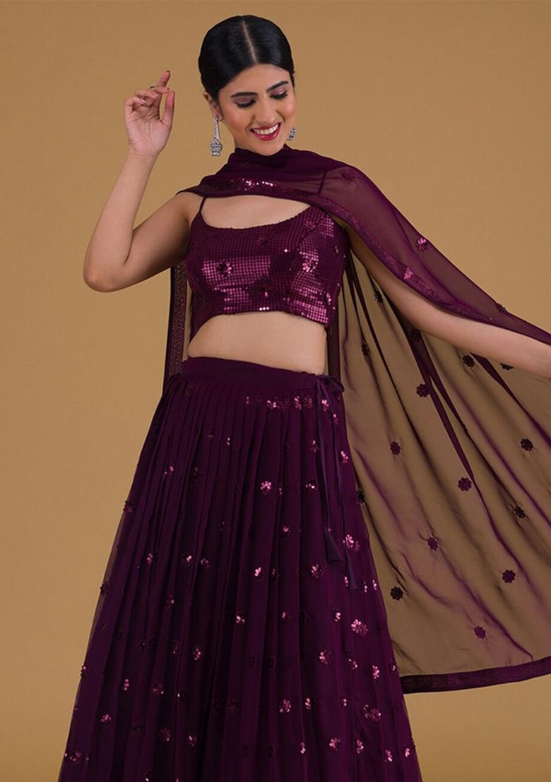 Purple Embroidered Georgette Lehenga Set - Indya