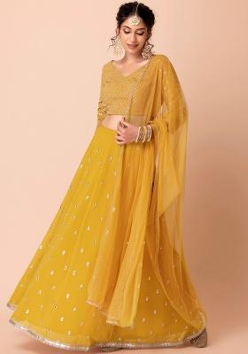 Yellow Embroidered Georgette Lehenga Set