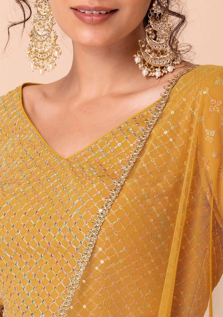 Yellow Embroidered Georgette Lehenga Set - Indya