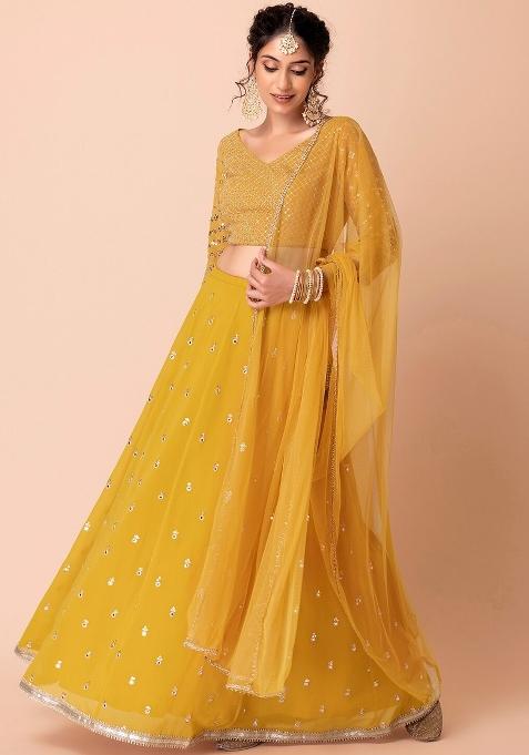 Yellow Embroidered Georgette Lehenga Set