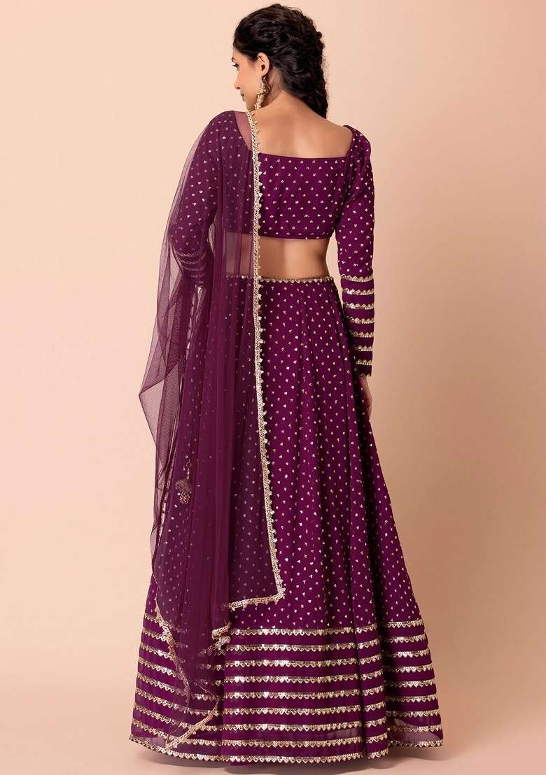 Wine Georgette Lehenga Set with Embroidered for Diwali | Wedding & Festive Wear - Indya