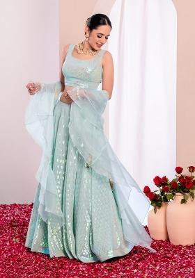 Blue Embroidered Georgette Lehenga Set