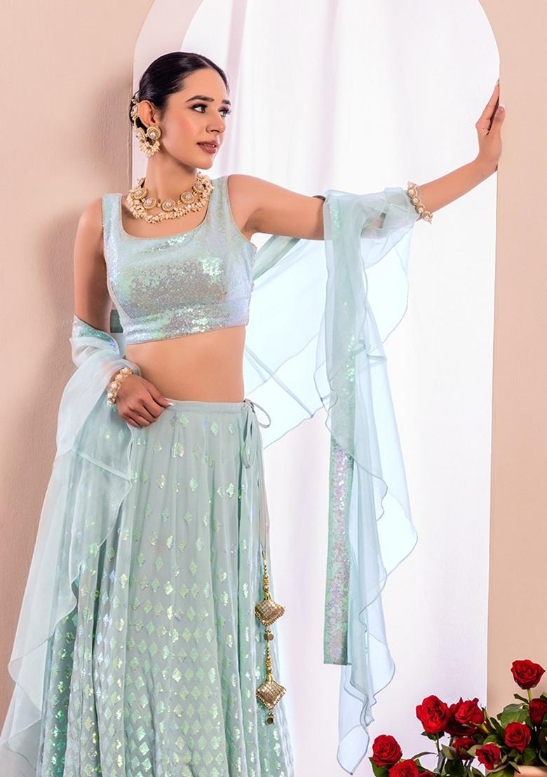 Blue Embroidered Georgette Lehenga Set - Indya