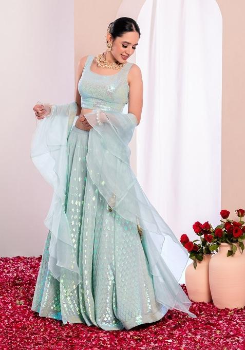 Blue Embroidered Georgette Lehenga Set