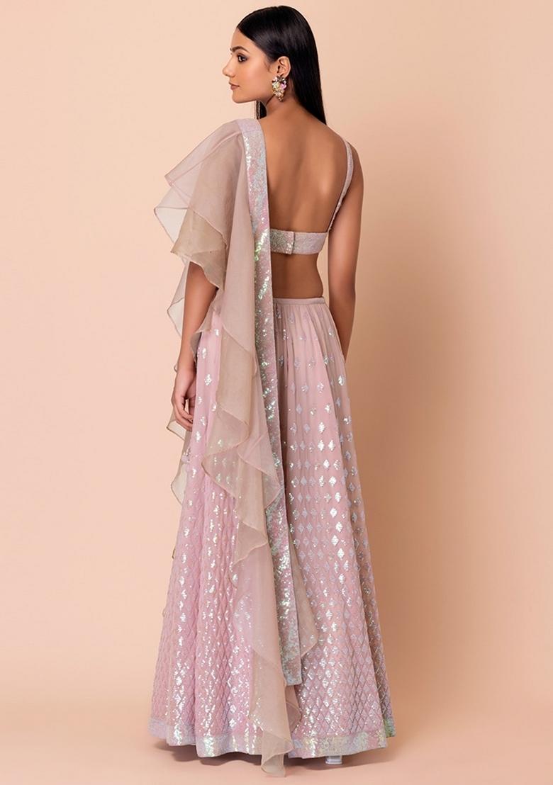 Baby Pink Embroidered Georgette Lehenga Set - Indya