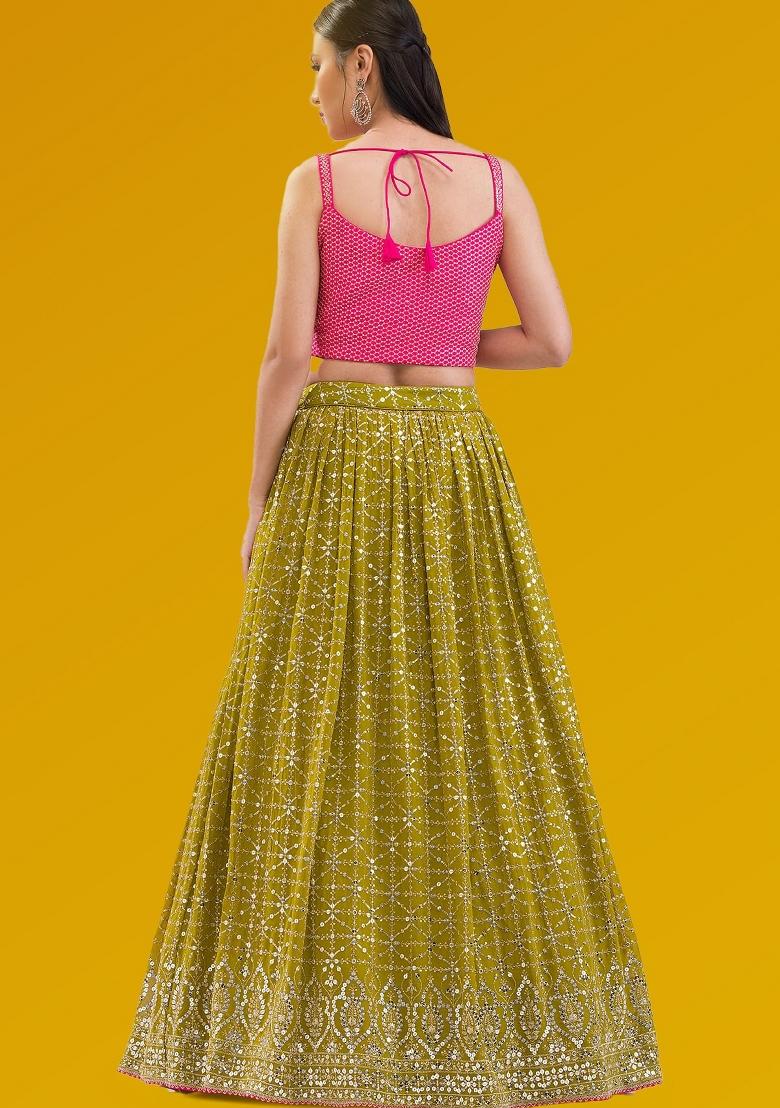 Olive Embroidered Georgette Lehenga Set - Indya