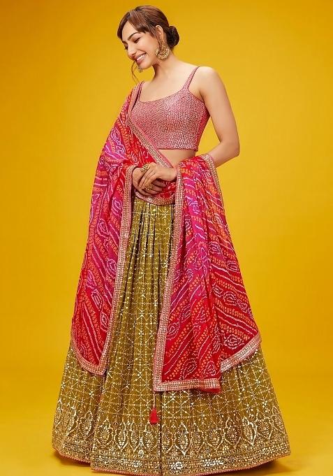 Olive Embroidered Georgette Lehenga Set