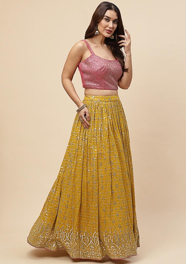 Yellow Embroidered Georgette Lehenga Set - Indya