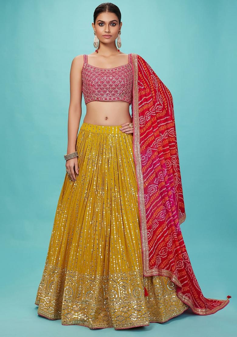 Yellow Embroidered Georgette Lehenga Set - Indya