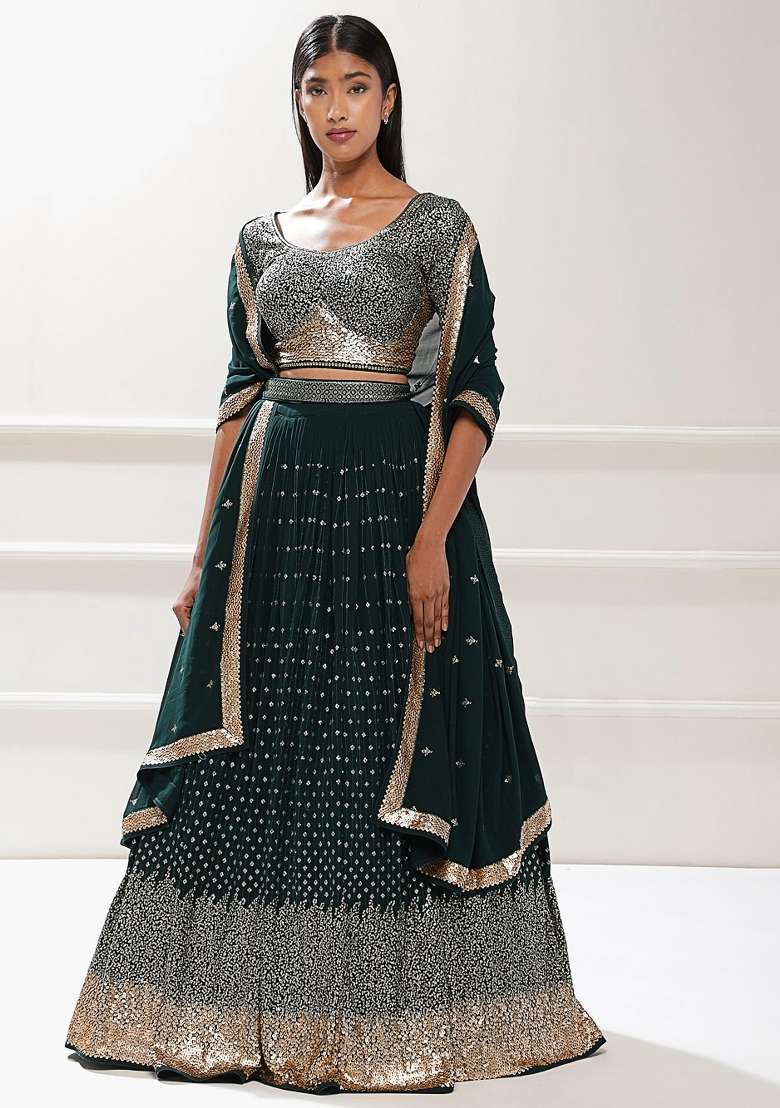 Green Georgette Lehenga Set with Embroidered for Diwali | Wedding & Festive Wear - Indya