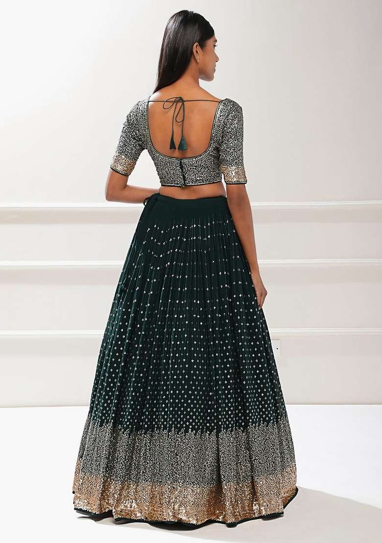 Green Georgette Lehenga Set with Embroidered for Diwali | Wedding & Festive Wear - Indya