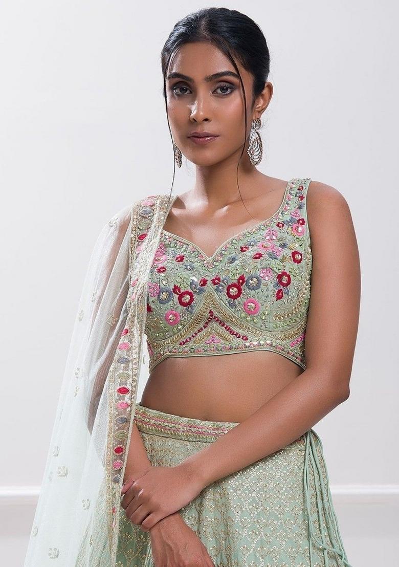 Sky Blue Embroidered Georgette Lehenga Set - Indya