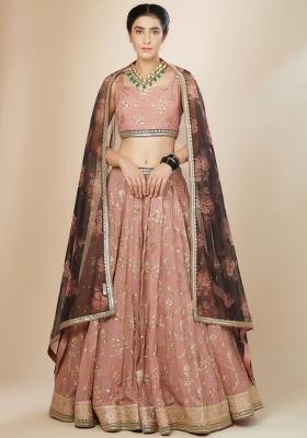 Pink Embroidered Georgette Lehenga Set