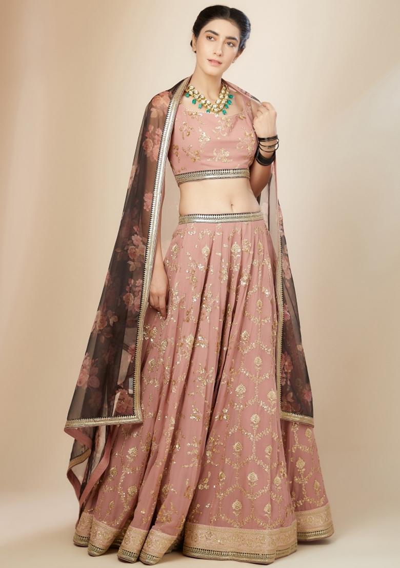 Pink Embroidered Georgette Lehenga Set - Indya